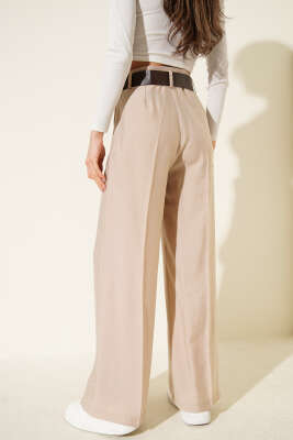 Kemerli Bel Pileli Geniş Paça Pantolon Taş - Kadın Giyim Modelleri