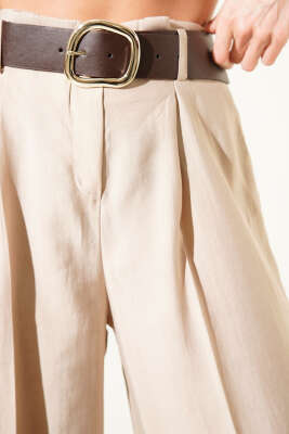 Kemerli Bel Pileli Geniş Paça Pantolon Taş - Kadın Giyim Modelleri