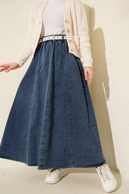 Kemerli Beli Lastikli Kot Etek Mavi - ALİ AKKAYA