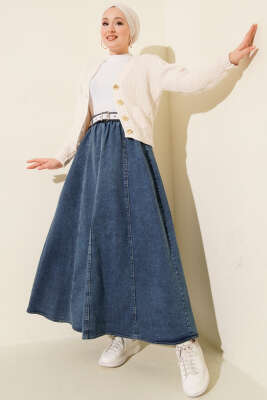 Kemerli Beli Lastikli Kot Etek Mavi - Etek