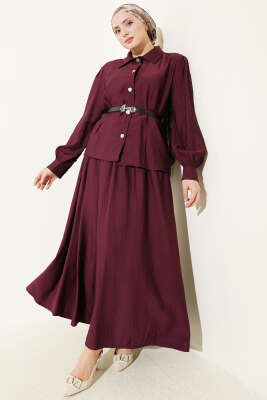 Kemerli Beli Pensli Etekli İkili Takım Bordo - HBS