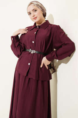 Kemerli Beli Pensli Etekli İkili Takım Bordo - İkili Takım