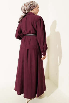 Kemerli Beli Pensli Etekli İkili Takım Bordo - İkili Takım