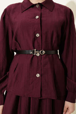 Kemerli Beli Pensli Etekli İkili Takım Bordo - İkili Takım