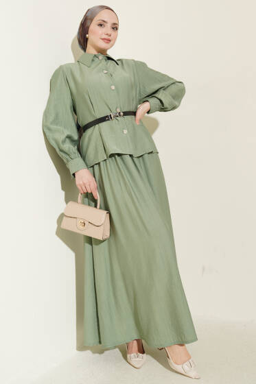 Kemerli Beli Pensli Etekli İkili Takım Çağla Yeşili - İkili Takım