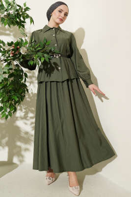 Kemerli Beli Pensli Etekli İkili Takım Haki - HBS