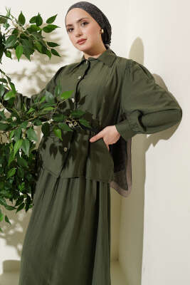 Kemerli Beli Pensli Etekli İkili Takım Haki - İkili Takım