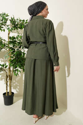 Kemerli Beli Pensli Etekli İkili Takım Haki - İkili Takım
