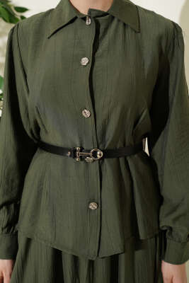 Kemerli Beli Pensli Etekli İkili Takım Haki - İkili Takım