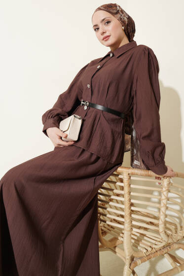 Kemerli Beli Pensli Etekli İkili Takım Kahve - İkili Takım