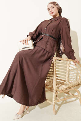 Kemerli Beli Pensli Etekli İkili Takım Kahve - İkili Takım