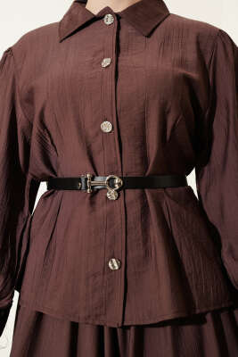 Kemerli Beli Pensli Etekli İkili Takım Kahve - İkili Takım