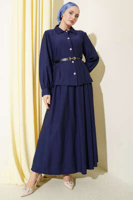 Kemerli Beli Pensli Etekli İkili Takım Lacivert - HBS