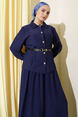 Kemerli Beli Pensli Etekli İkili Takım Lacivert - İkili Takım