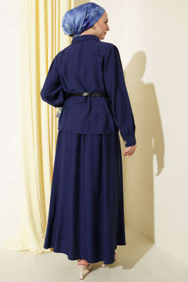 Kemerli Beli Pensli Etekli İkili Takım Lacivert - İkili Takım