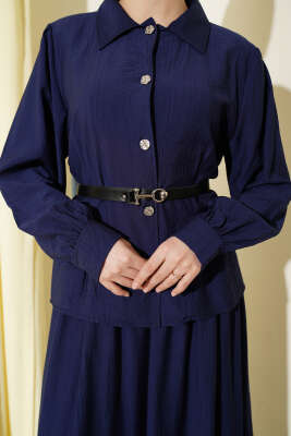 Kemerli Beli Pensli Etekli İkili Takım Lacivert - İkili Takım