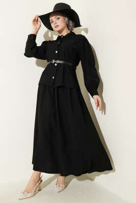 Kemerli Beli Pensli Etekli İkili Takım Siyah - HBS