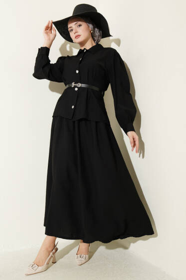 Kemerli Beli Pensli Etekli İkili Takım Siyah - İkili Takım