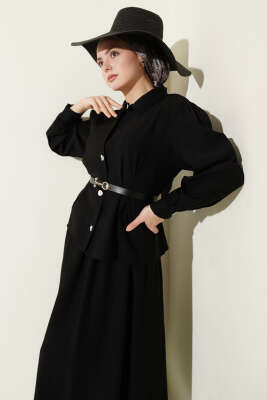 Kemerli Beli Pensli Etekli İkili Takım Siyah - İkili Takım