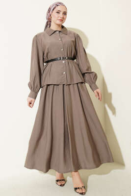 Kemerli Beli Pensli Etekli İkili Takım Vizon - HBS