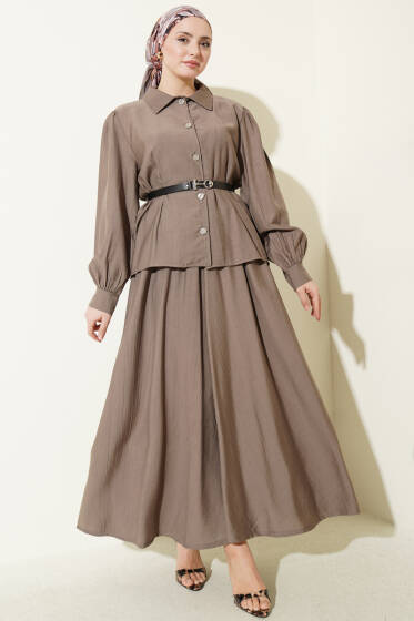 Kemerli Beli Pensli Etekli İkili Takım Vizon - İkili Takım