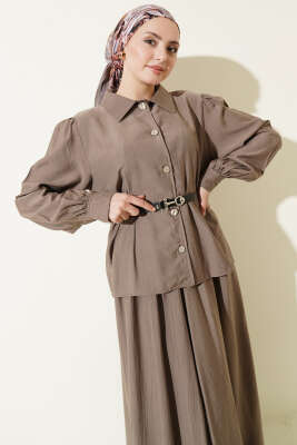 Kemerli Beli Pensli Etekli İkili Takım Vizon - İkili Takım