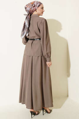 Kemerli Beli Pensli Etekli İkili Takım Vizon - İkili Takım