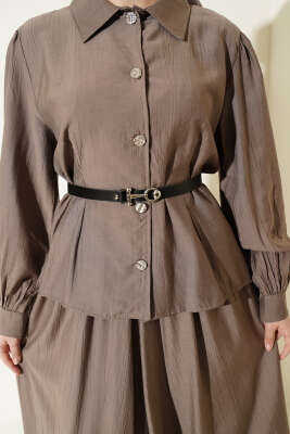 Kemerli Beli Pensli Etekli İkili Takım Vizon - İkili Takım