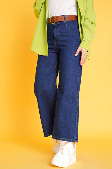 Kemerli Bol Paça Jean Pantolon Kot Mavi - Kot Pantolon