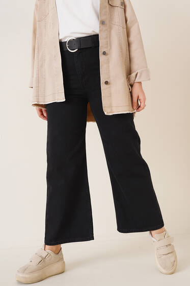 Kemerli Bol Paça Jean Pantolon Siyah - Kot Pantolon