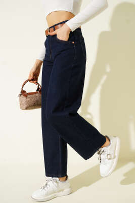 Kemerli Bol Paça Kot Pantolon Lacivert - Kadın Giyim Modelleri