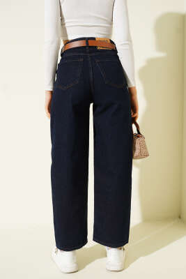 Kemerli Bol Paça Kot Pantolon Lacivert - Kadın Giyim Modelleri