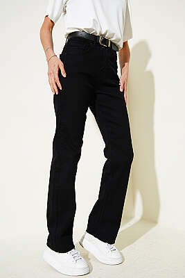 Kemerli Boru Paça Kesikli Kot Pantolon Siyah - ZARX JNS