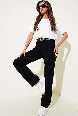 Kemerli Boru Paça Kesikli Kot Pantolon Siyah - Kadın Giyim Modelleri