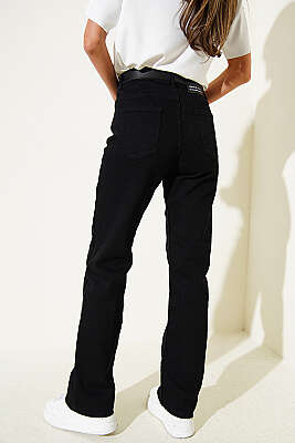 Kemerli Boru Paça Kesikli Kot Pantolon Siyah - Kadın Giyim Modelleri