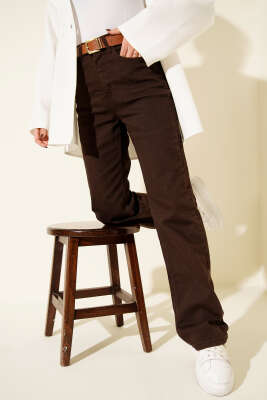 Kemerli Boru Paça Kot Pantolon Kahve - ZARX JNS