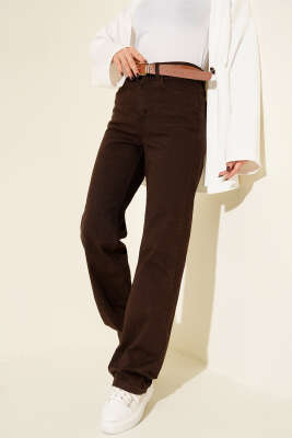 Kemerli Boru Paça Kot Pantolon Kahve - Pantolon