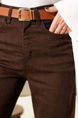 Kemerli Boru Paça Kot Pantolon Kahve - Pantolon