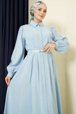 Kemerli Boydan Düğmeli Modal Elbise Bebe Mavi - Bayram Kombinleri