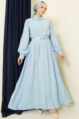 Kemerli Boydan Düğmeli Modal Elbise Bebe Mavi - BERAT TEKSTİL