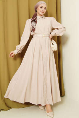 Kemerli Boydan Düğmeli Modal Elbise Bej - BERAT TEKSTİL