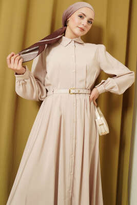 Kemerli Boydan Düğmeli Modal Elbise Bej - Elbise