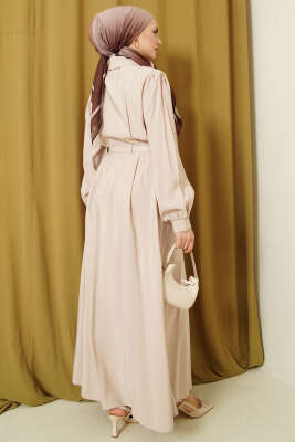 Kemerli Boydan Düğmeli Modal Elbise Bej - Elbise