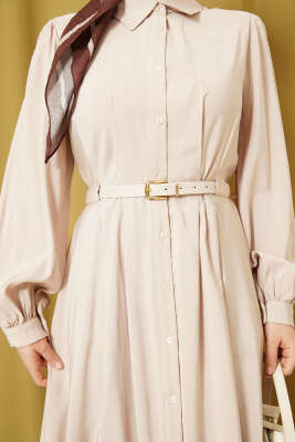 Kemerli Boydan Düğmeli Modal Elbise Bej - Elbise