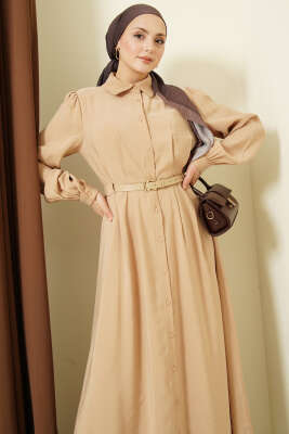 Kemerli Boydan Düğmeli Modal Elbise Camel - Bayram Kombinleri