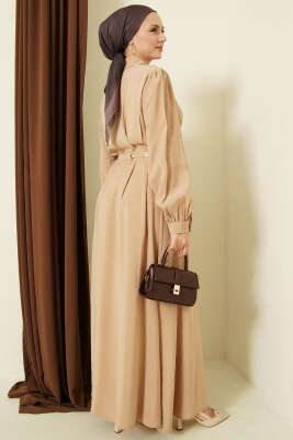 Kemerli Boydan Düğmeli Modal Elbise Camel - Bayram Kombinleri