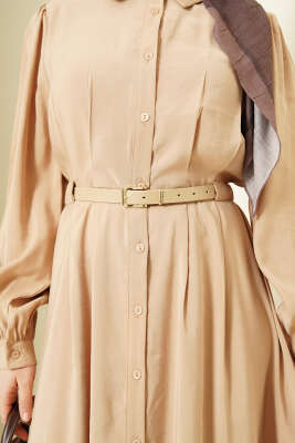 Kemerli Boydan Düğmeli Modal Elbise Camel - Bayram Kombinleri