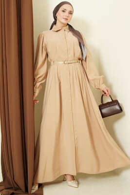 Kemerli Boydan Düğmeli Modal Elbise Camel - BERAT TEKSTİL