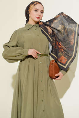 Kemerli Boydan Düğmeli Modal Elbise Haki - Bayram Kombinleri