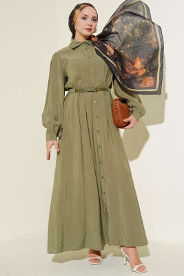 Kemerli Boydan Düğmeli Modal Elbise Haki - BERAT TEKSTİL